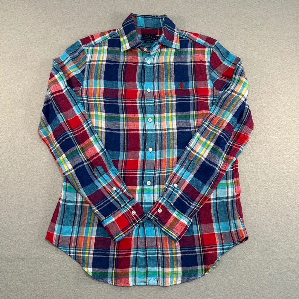 Polo Ralph Lauren Button Down Men Small Multi Color Plaid 100% Linen Classic Fit